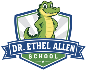 Dr. Ethel Allen School logo featuring a smiling green alligator mascot standing inside a shield with the school name displayed on a blue banner.
