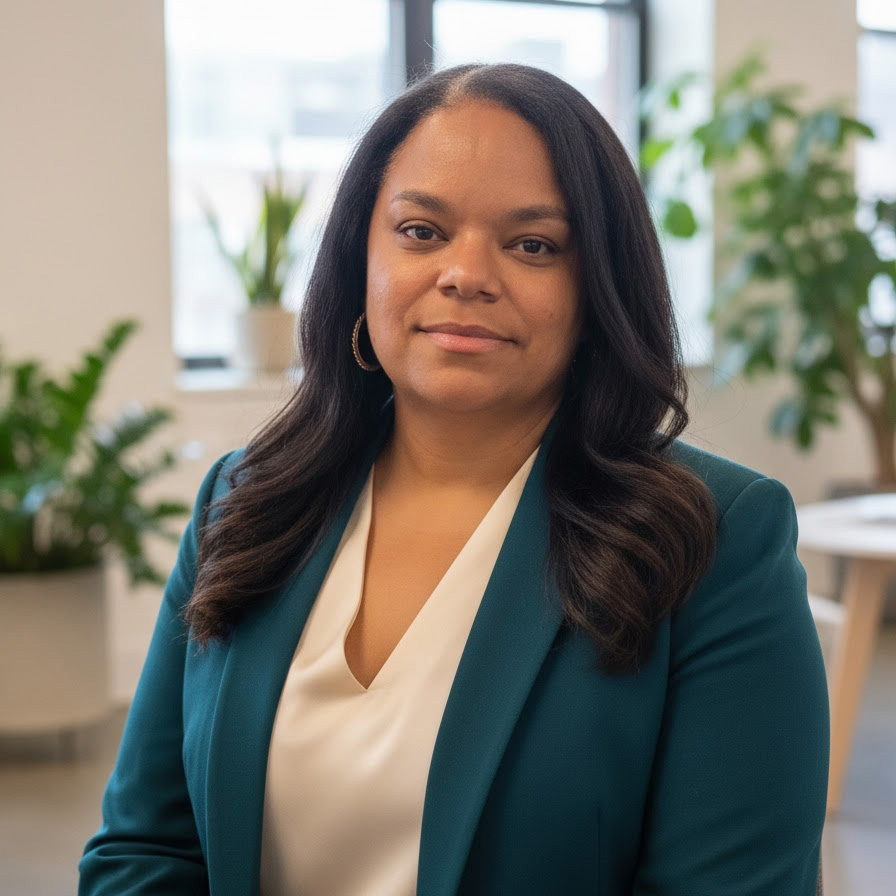 Portrait of Jacqueline Mack, Principal of Dr. Ethel Allen School, wearing a teal blazer and white blouse, standing in a bright office space.